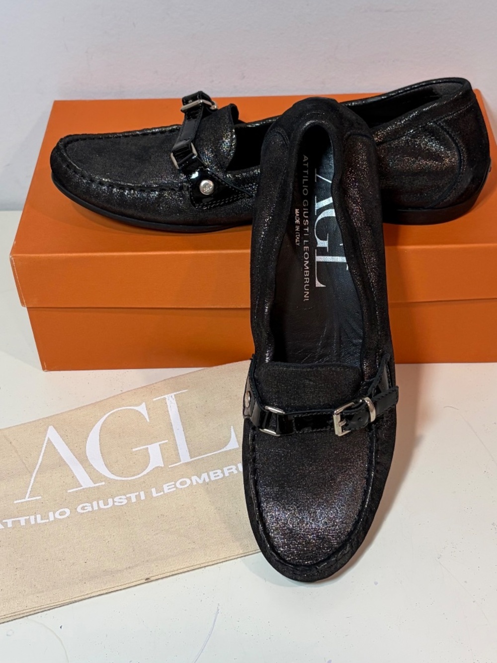 NIB AGL Black Leather Shimmering Slip On Shoes Flats Size EU 39/8.5 Italy $298